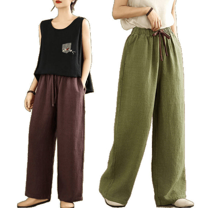 Pantalones estilo harén de algodón con cordón y bolsillos para mujer, estilo retro, de color liso, con estampado Buddha Stones Commute - image 25