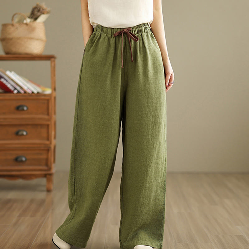 Pantalones estilo harén de algodón con cordón y bolsillos para mujer, estilo retro, de color liso, con estampado Buddha Stones Commute - Verde amarillento - US8-10，UK/AU12-14，EU40-42 (2XL) - image 0