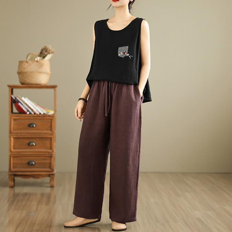 Pantalones estilo harén de algodón con cordón y bolsillos para mujer, estilo retro, de color liso, con estampado Buddha Stones Commute - image 10