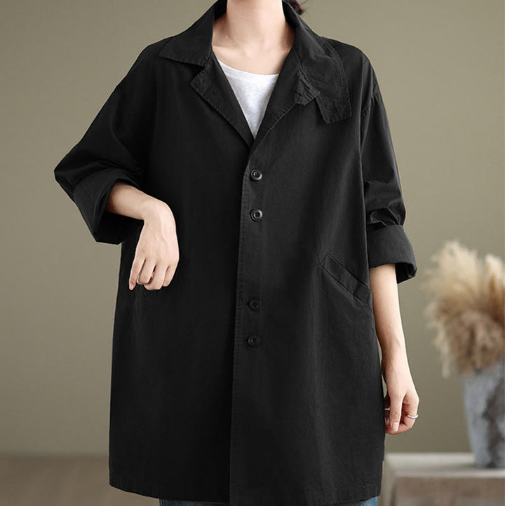 Chaqueta de lino y algodón de manga larga para mujer con diseño de botones lisos y bolsillos de Buddha Stones Spring - image 14
