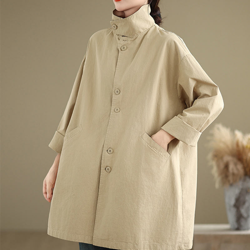 Chaqueta de lino y algodón de manga larga para mujer con diseño de botones lisos y bolsillos de Buddha Stones Spring - image 4