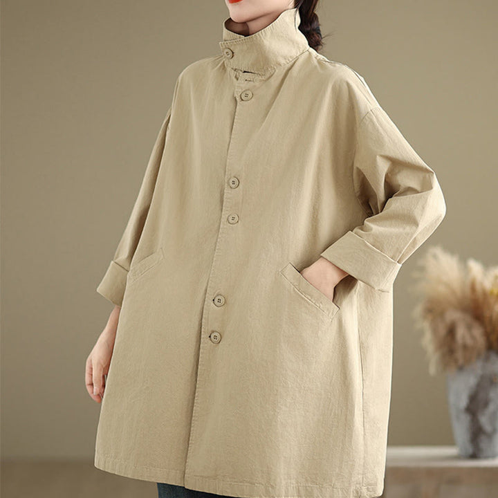Chaqueta de lino y algodón de manga larga para mujer con diseño de botones lisos y bolsillos de Buddha Stones Spring - image 4