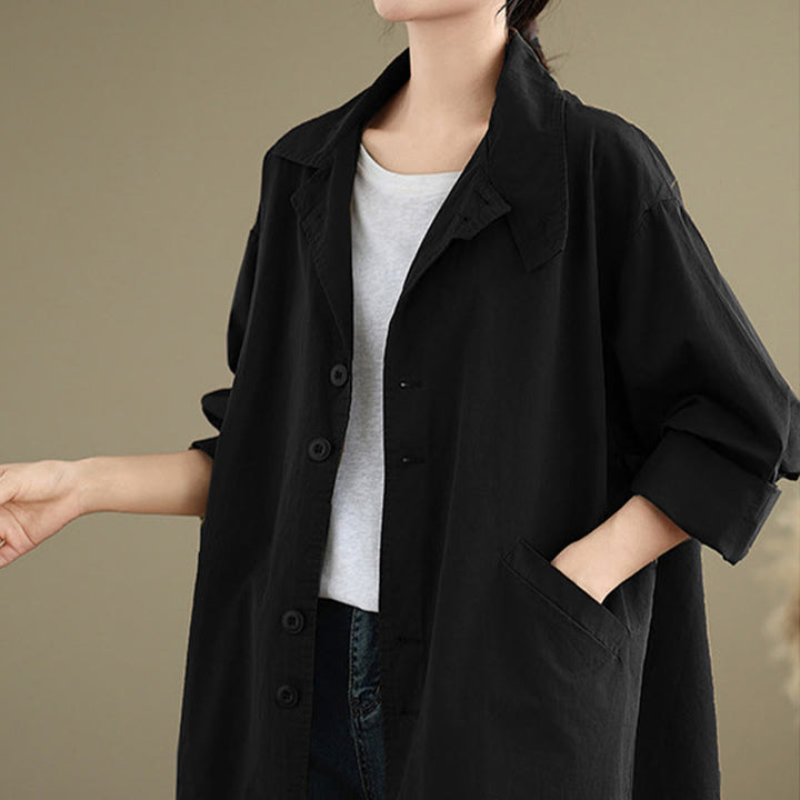 Chaqueta de lino y algodón de manga larga para mujer con diseño de botones lisos y bolsillos de Buddha Stones Spring - image 16