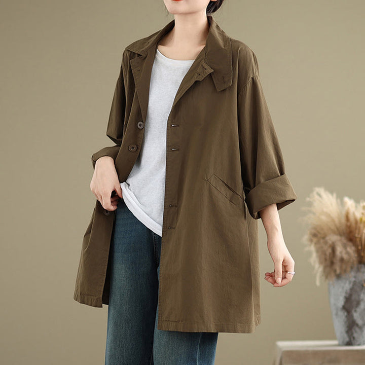 Chaqueta de lino y algodón de manga larga para mujer con diseño de botones lisos y bolsillos de Buddha Stones Spring - SaddleBrown - US12，UK/AU16，EU44 (XL) - image 17