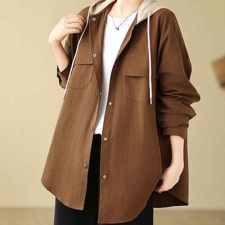 Chaqueta de lino y algodón con bolsillos para mujer con capucha y cordón ajustable Buddha Stones Casual Commute - SaddleBrown - US14，UK/AU18，EU46 (2XL) - image 1
