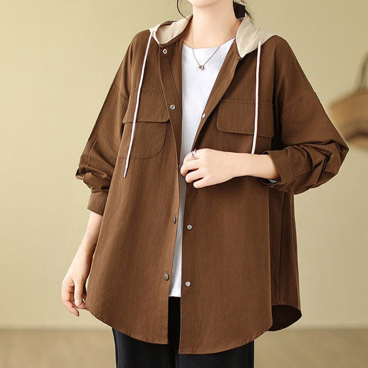 Chaqueta de lino y algodón con bolsillos para mujer con capucha y cordón ajustable Buddha Stones Casual Commute - image 3