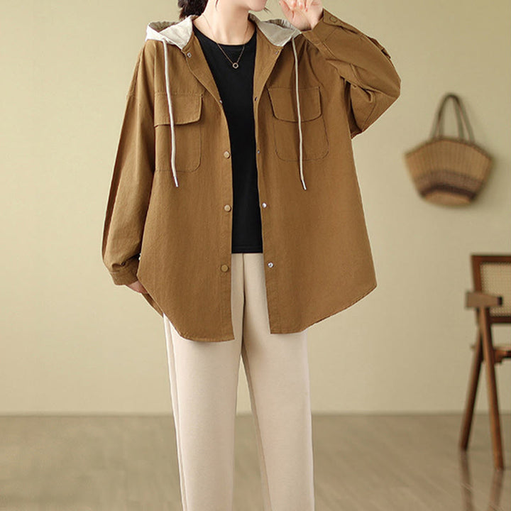 Chaqueta de lino y algodón con bolsillos para mujer con capucha y cordón ajustable Buddha Stones Casual Commute - image 11