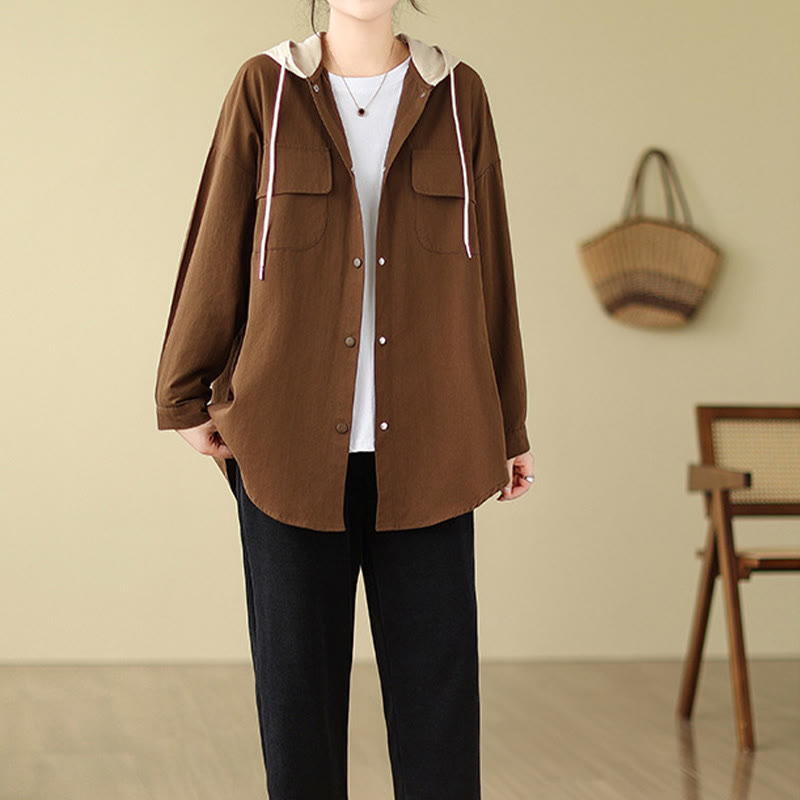 Chaqueta de lino y algodón con bolsillos para mujer con capucha y cordón ajustable Buddha Stones Casual Commute - image 5