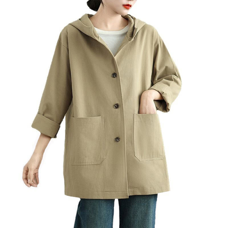 Chaqueta de lino y algodón con capucha vintage de otoño con estampado de Buddha Stones y bolsillos delanteros para mujer - image 15