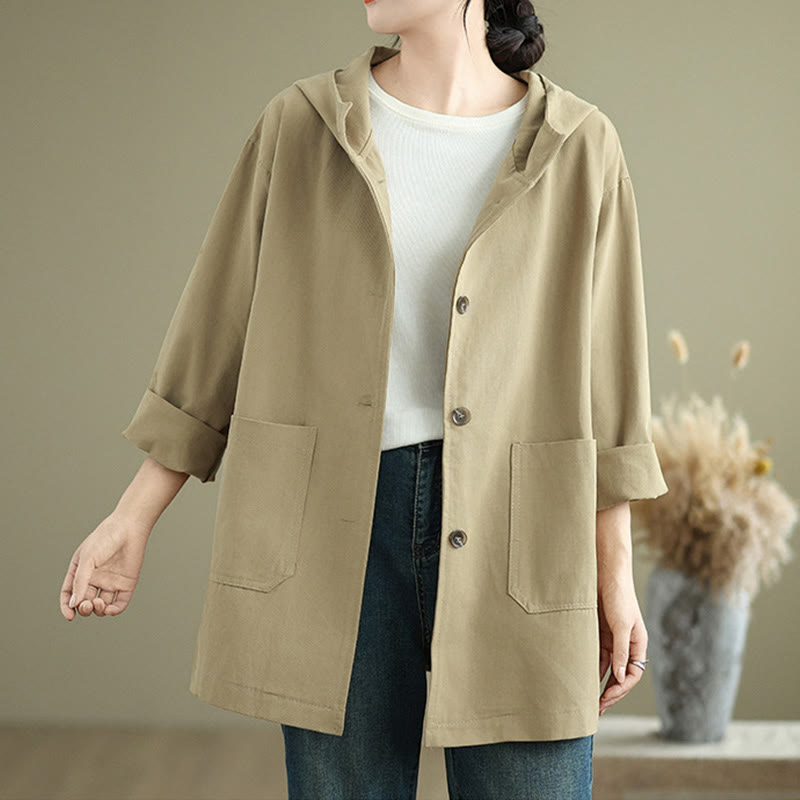 Chaqueta de lino y algodón con capucha vintage de otoño con estampado de Buddha Stones y bolsillos delanteros para mujer - image 7