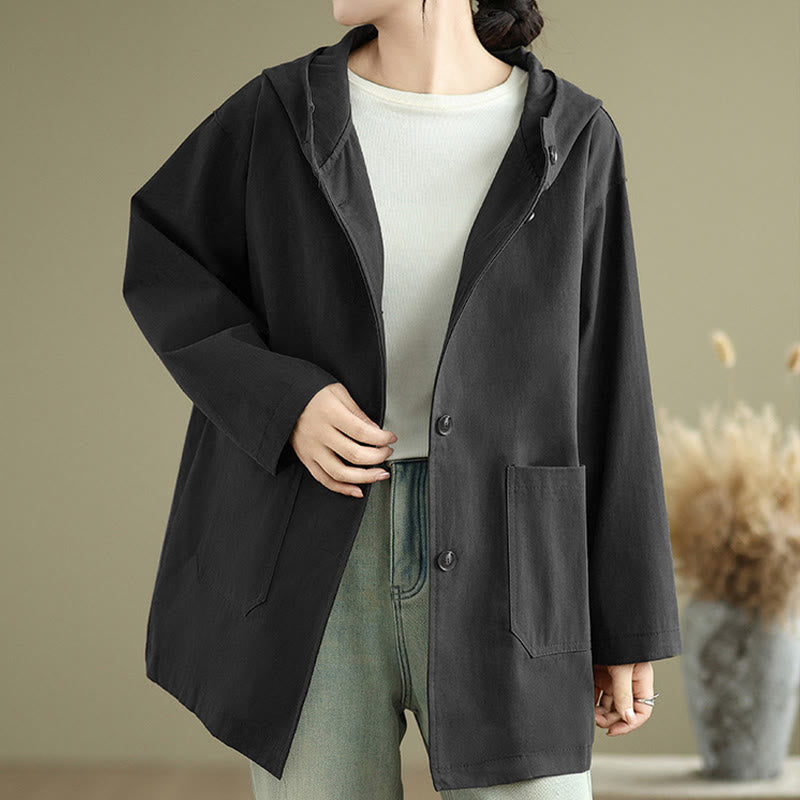 Chaqueta de lino y algodón con capucha vintage de otoño con estampado de Buddha Stones y bolsillos delanteros para mujer - image 19