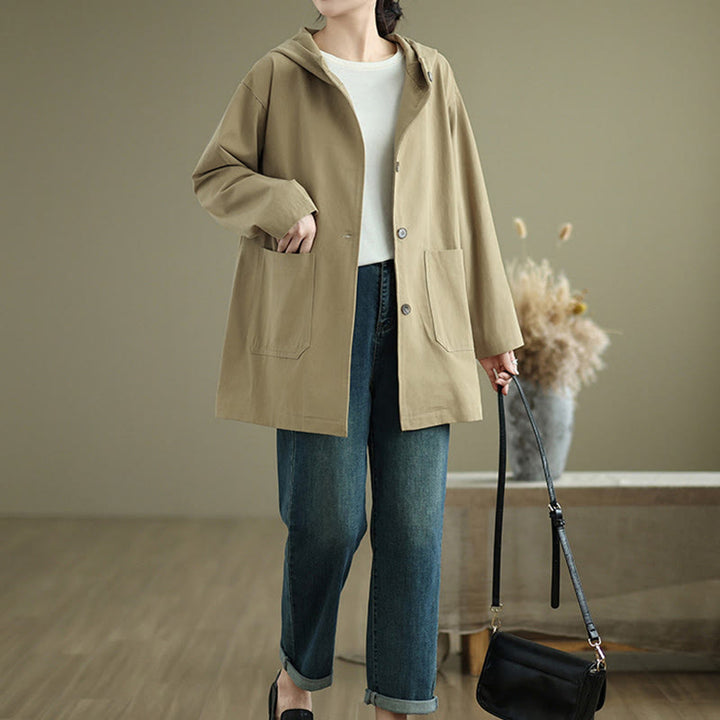 Chaqueta de lino y algodón con capucha vintage de otoño con estampado de Buddha Stones y bolsillos delanteros para mujer - image 11