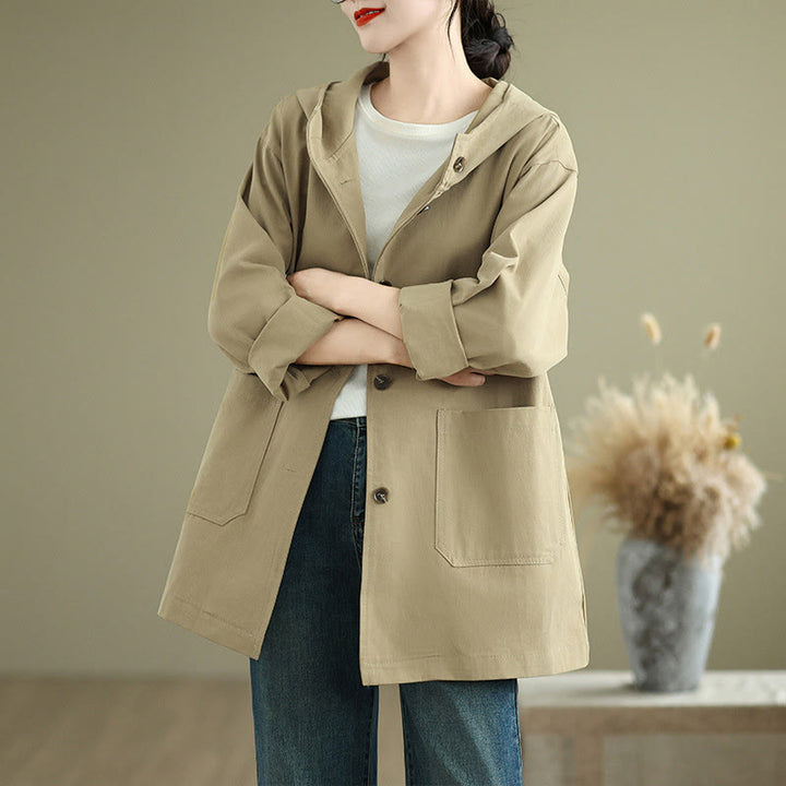 Chaqueta de lino y algodón con capucha vintage de otoño con estampado de Buddha Stones y bolsillos delanteros para mujer - Vara de oro pálida - US12，UK/AU16，EU44 (XL) - image 6