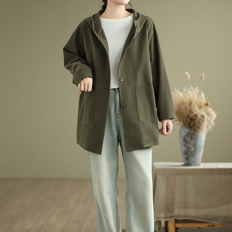 Chaqueta de lino y algodón con capucha vintage de otoño con estampado de Buddha Stones y bolsillos delanteros para mujer - image 5