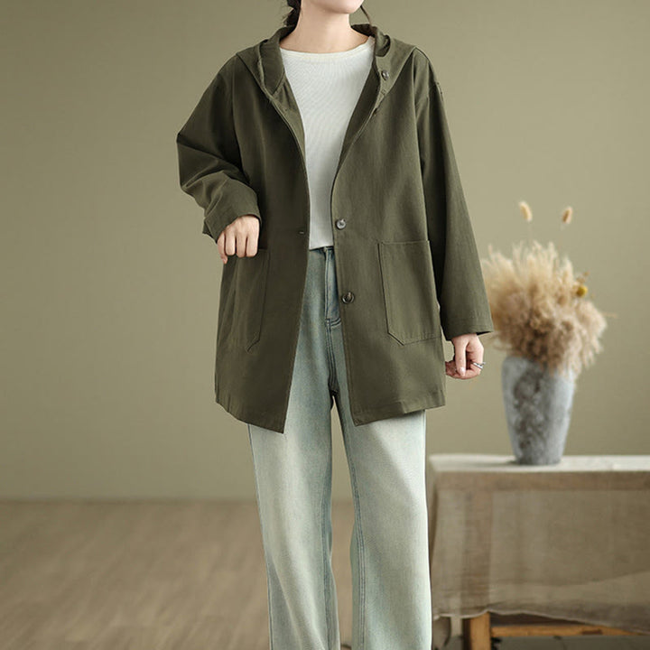 Chaqueta de lino y algodón con capucha vintage de otoño con estampado de Buddha Stones y bolsillos delanteros para mujer - image 5