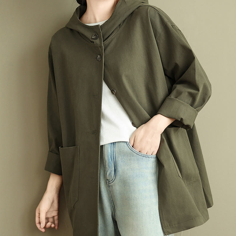 Chaqueta de lino y algodón con capucha vintage de otoño con estampado de Buddha Stones y bolsillos delanteros para mujer - image 3