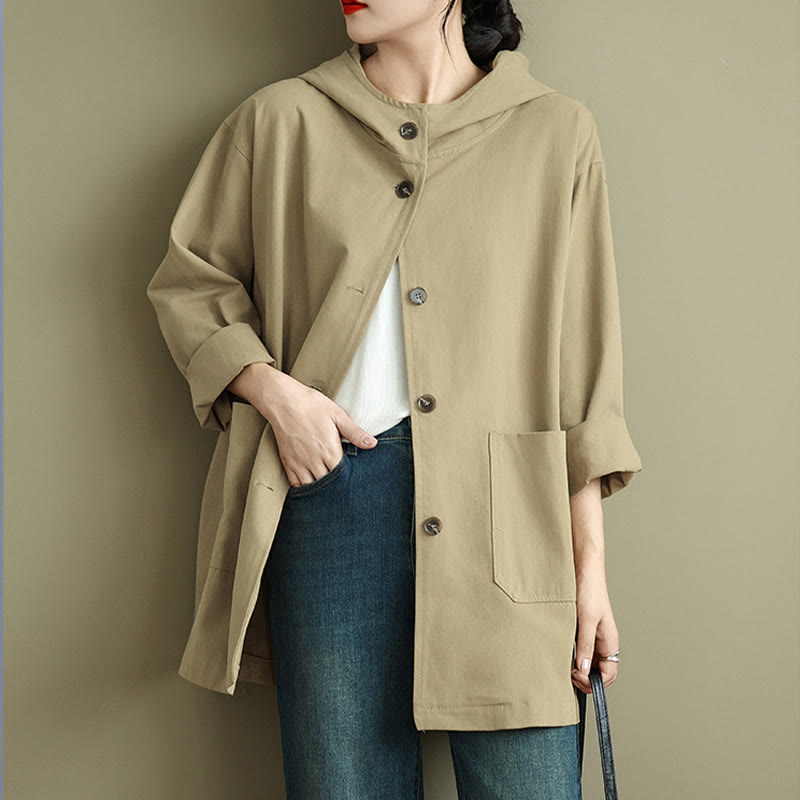 Chaqueta de lino y algodón con capucha vintage de otoño con estampado de Buddha Stones y bolsillos delanteros para mujer - image 9