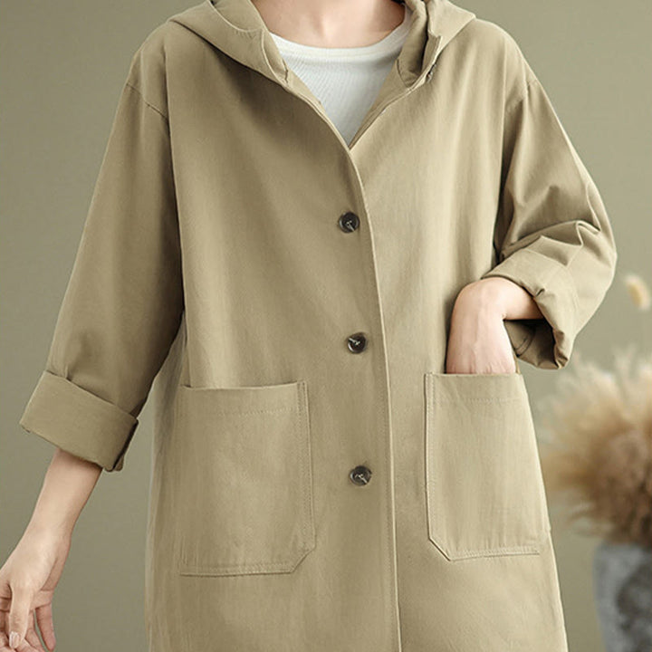 Chaqueta de lino y algodón con capucha vintage de otoño con estampado de Buddha Stones y bolsillos delanteros para mujer - image 10