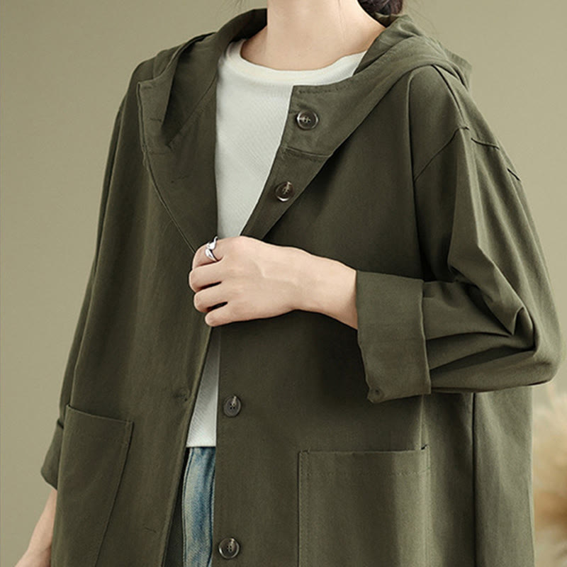 Chaqueta de lino y algodón con capucha vintage de otoño con estampado de Buddha Stones y bolsillos delanteros para mujer - image 4