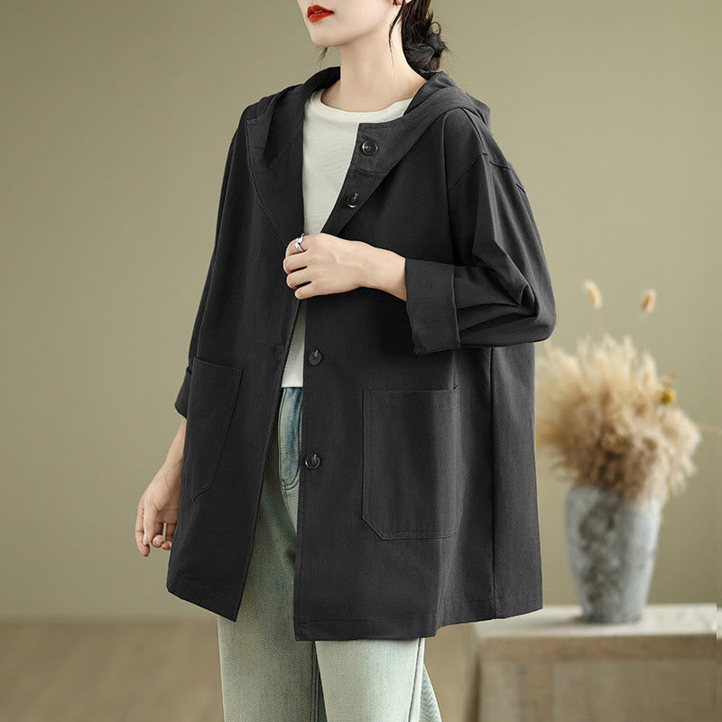 Chaqueta de lino y algodón con capucha vintage de otoño con estampado de Buddha Stones y bolsillos delanteros para mujer - Negro - US6，UK/AU10，EU38 (XL) - image 16