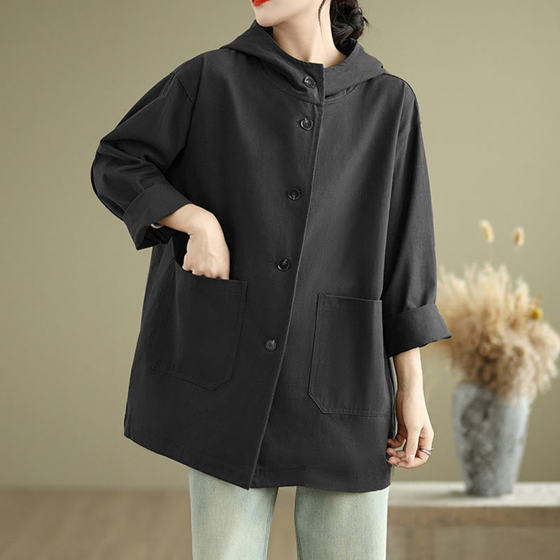 Chaqueta de lino y algodón con capucha vintage de otoño con estampado de Buddha Stones y bolsillos delanteros para mujer - image 17