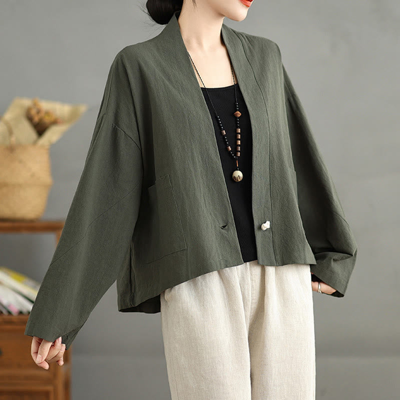 Chaqueta informal vintage de algodón y lino con mangas largas, frente abierto y bolsillos, con estampado de Buddha Stones. - image 15
