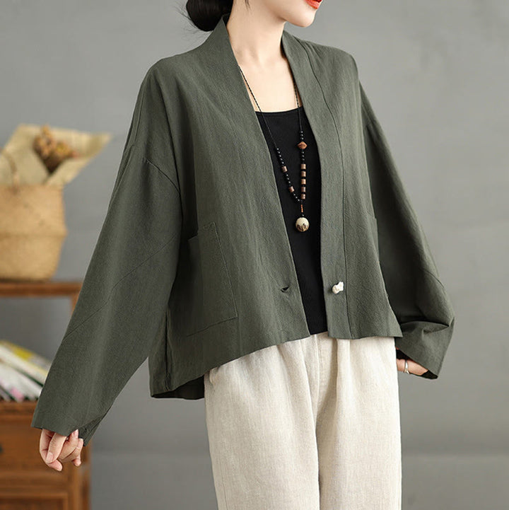 Chaqueta informal vintage de algodón y lino con mangas largas, frente abierto y bolsillos, con estampado de Buddha Stones. - image 15