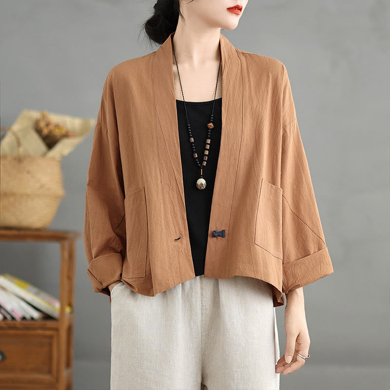 Chaqueta de lino y algodón con bolsillos, estilo cárdigan informal vintage de manga larga con abertura frontal y Buddha Stones - Perú - US14，UK/AU18，EU46 (2XL) - image 1