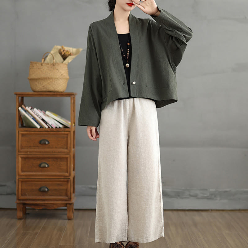Chaqueta informal vintage de algodón y lino con mangas largas, frente abierto y bolsillos, con estampado de Buddha Stones. - image 17