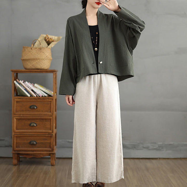 Chaqueta informal vintage de algodón y lino con mangas largas, frente abierto y bolsillos, con estampado de Buddha Stones. - image 17
