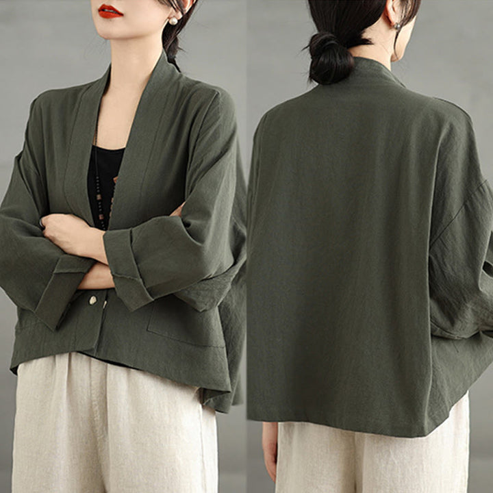 Chaqueta informal vintage de algodón y lino con mangas largas, frente abierto y bolsillos, con estampado de Buddha Stones. - image 18