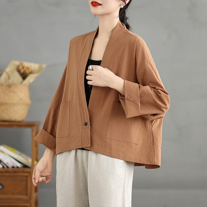 Chaqueta informal vintage de algodón y lino con mangas largas, frente abierto y bolsillos, con estampado de Buddha Stones. - image 3