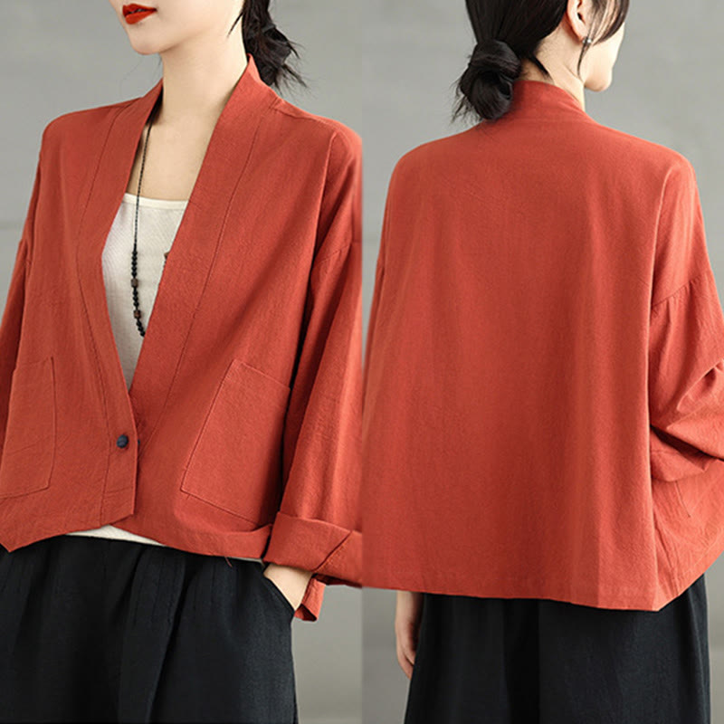 Chaqueta informal vintage de algodón y lino con mangas largas, frente abierto y bolsillos, con estampado de Buddha Stones. - image 12