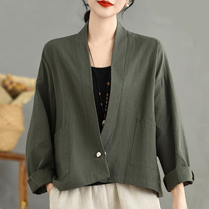 Chaqueta informal vintage de algodón y lino con mangas largas, frente abierto y bolsillos, con estampado de Buddha Stones. - image 14