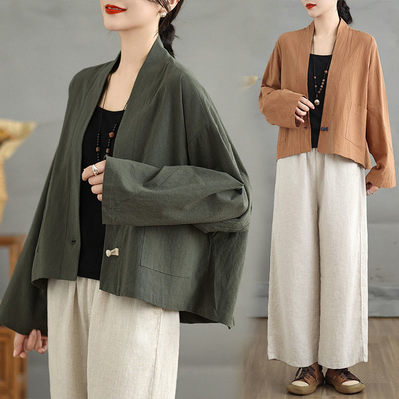 Chaqueta informal vintage de algodón y lino con mangas largas, frente abierto y bolsillos, con estampado de Buddha Stones. - image 19