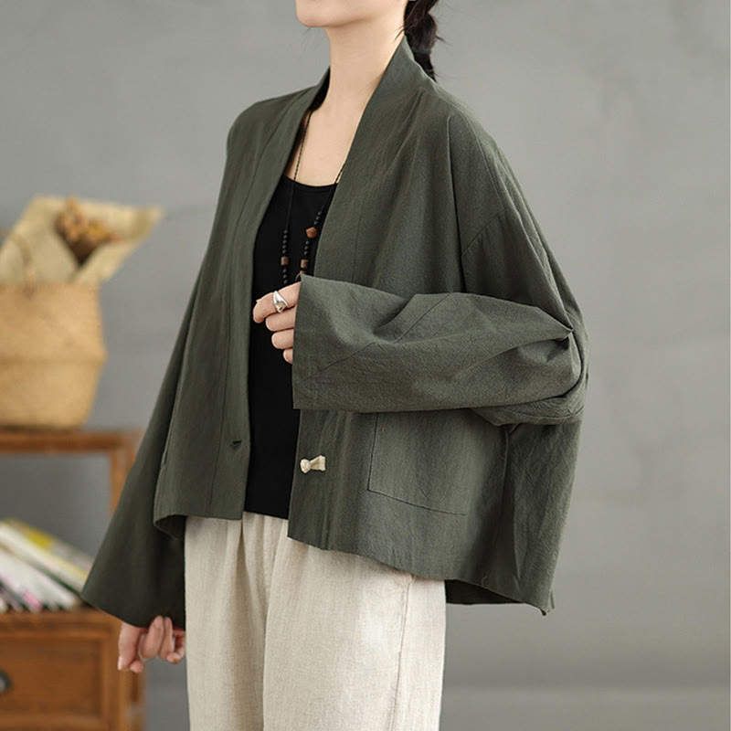 Chaqueta informal vintage de algodón y lino con mangas largas, frente abierto y bolsillos, con estampado de Buddha Stones. - image 16