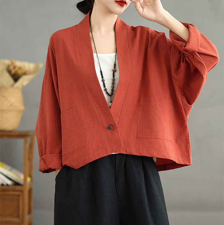 Chaqueta informal vintage de algodón y lino con mangas largas, frente abierto y bolsillos, con estampado de Buddha Stones. - image 10