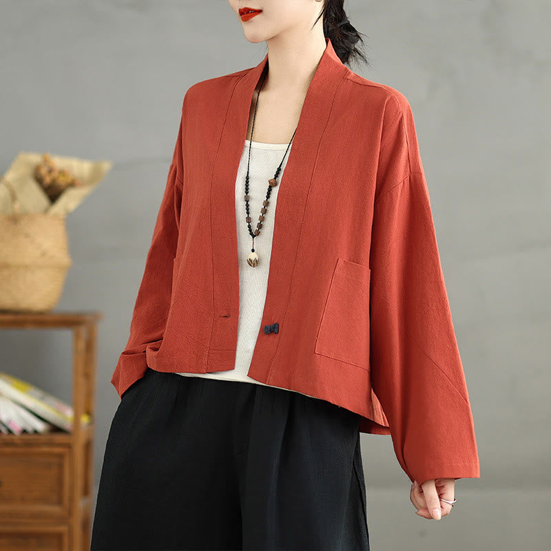 Chaqueta informal vintage de algodón y lino con mangas largas, frente abierto y bolsillos, con estampado de Buddha Stones. - Rojo anaranjado - US14，UK/AU18，EU46 (2XL) - image 8
