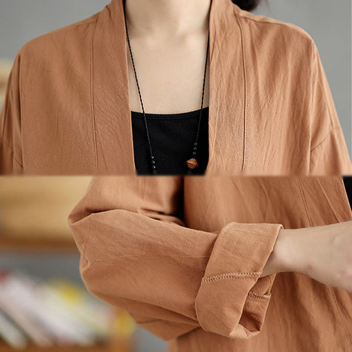 Chaqueta informal vintage de manga larga lisa con bolsillos y estampado de Buddha Stones. - image 6