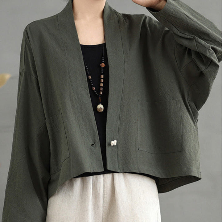 Chaqueta informal vintage de algodón y lino con mangas largas, frente abierto y bolsillos, con estampado de Buddha Stones. - Verde oliva oscuro - US14，UK/AU18，EU46 (2XL) - image 13