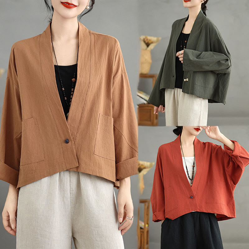 Chaqueta informal vintage de algodón y lino con mangas largas, frente abierto y bolsillos, con estampado de Buddha Stones. - image 21