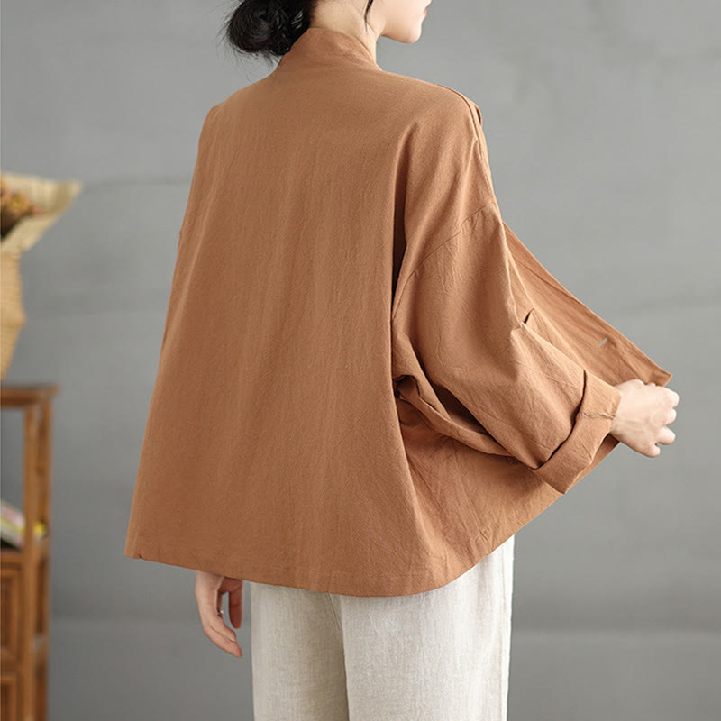 Chaqueta de lino y algodón con bolsillos, estilo cárdigan informal vintage de manga larga con abertura frontal y Buddha Stones - image 2