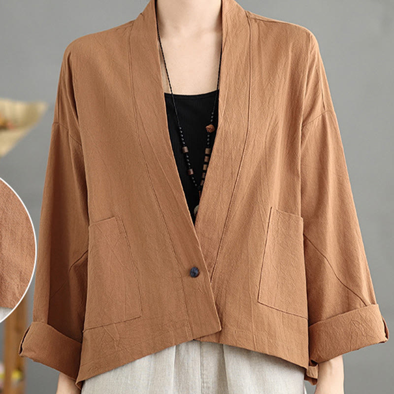 Chaqueta informal vintage de algodón y lino con mangas largas, frente abierto y bolsillos, con estampado de Buddha Stones. - image 4
