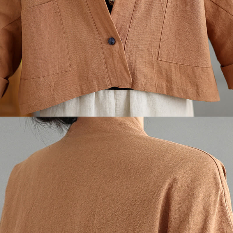 Chaqueta informal vintage de manga larga lisa con bolsillos y estampado de Buddha Stones. - image 7