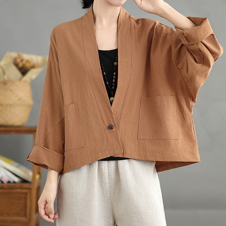 Chaqueta informal vintage de algodón y lino con mangas largas, frente abierto y bolsillos, con estampado de Buddha Stones. - image 2