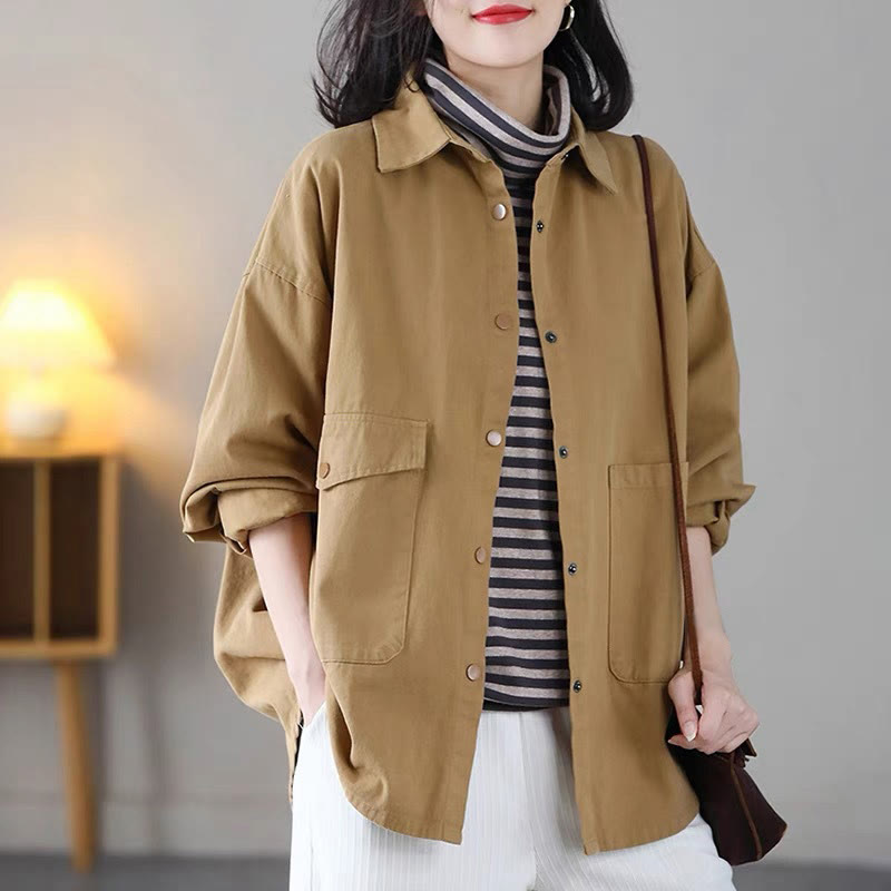 Chaqueta vintage informal de algodón con solapa de color puro y bolsillos para mujer de Buddha Stones - Vara de oro - US14，UK/AU18，EU46 (2XL) - image 1