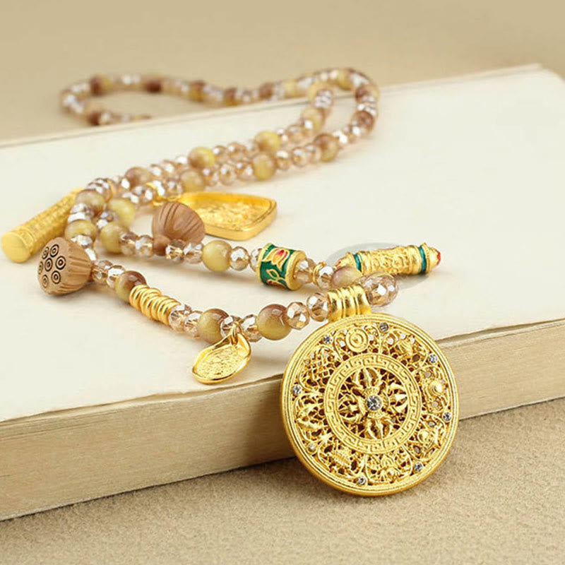 Collar con colgante de cuentas de ojo de tigre dorado con placa redonda de loto tibetano y Buddha Stones - Plato redondo de los ocho tesoros - image 1