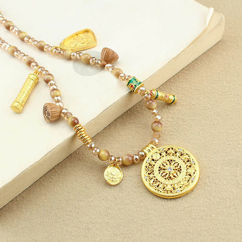 Collar con colgante de cuentas de ojo de tigre dorado con placa redonda de loto tibetano y Buddha Stones - image 2