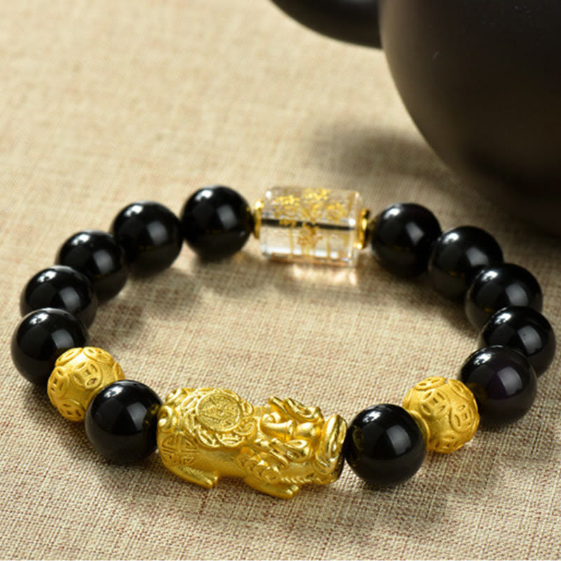 Pulsera de la riqueza con cuentas de obsidiana arcoíris de cobre Pixiu y Buddha Stones Feng Shui - Monedas de cobre, fortuna y Pixiu de latón (circunferencia de la muñeca: 18-19 cm) - image 18