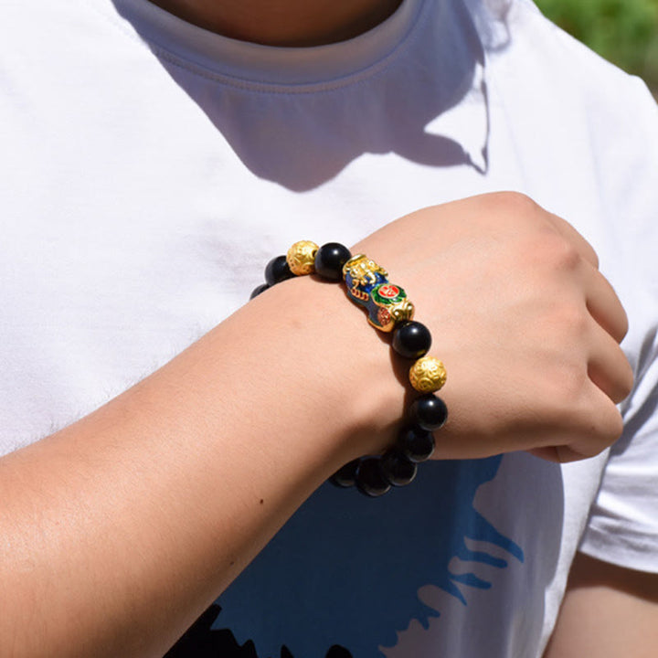 Pulsera de la riqueza con cuentas de obsidiana arcoíris de cobre Pixiu y Buddha Stones Feng Shui - image 16